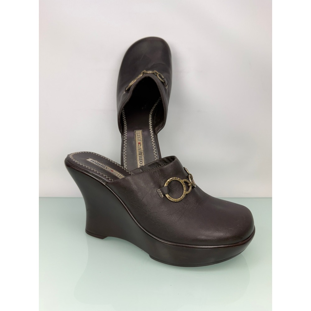 Tommy Hilfiger Tommy Girl‎ Wedge Mule Clogs sz 6 Brown Leather Vintage 90s y2k